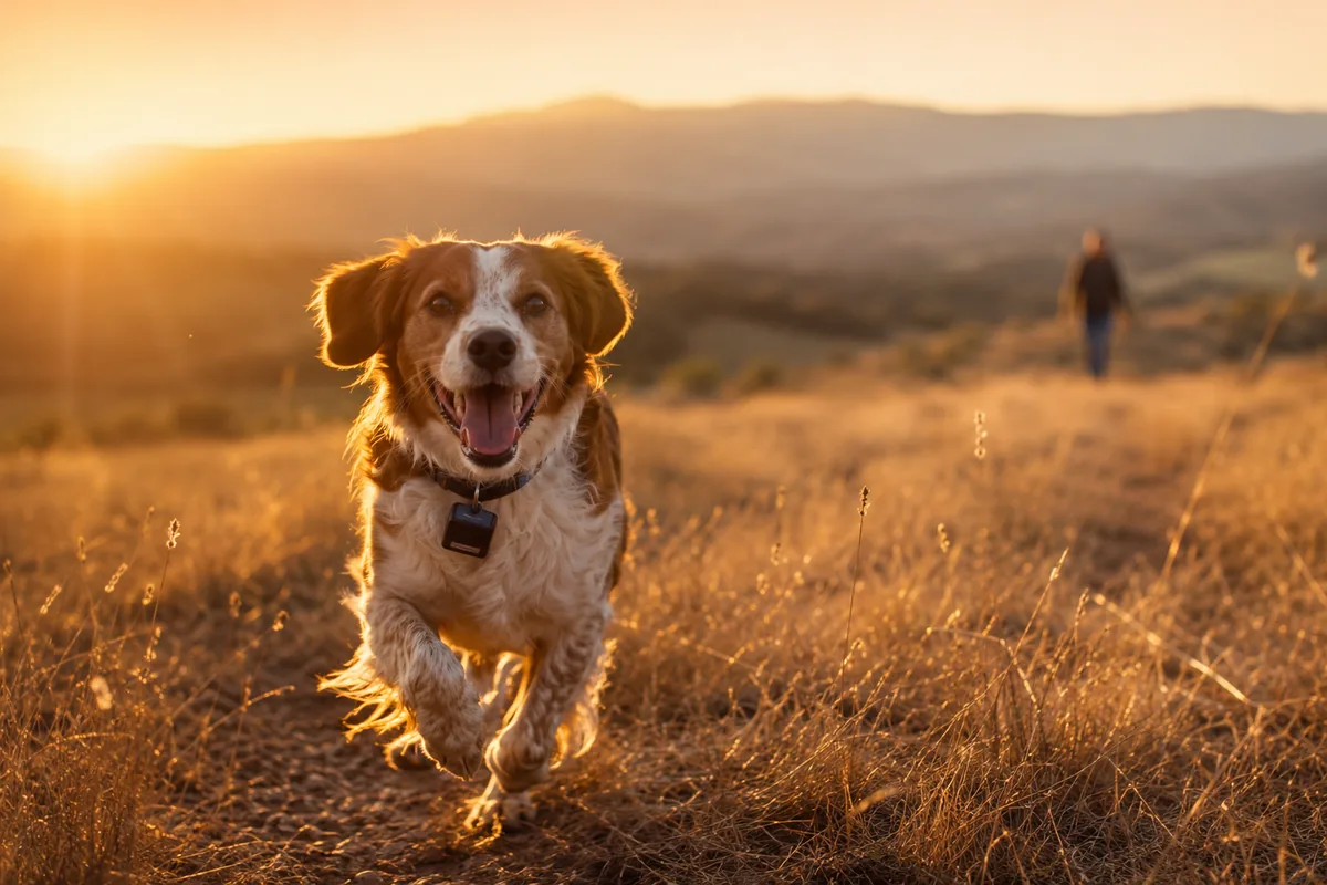Perro corriendo libre por el campo al atardecer con un collar localizador