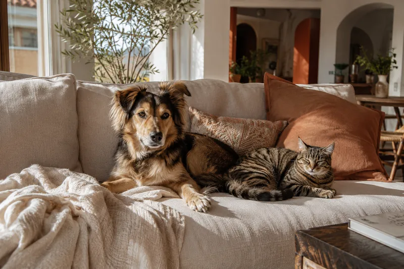 Perro y gato conviviendo tranquilos en un hogar luminoso español