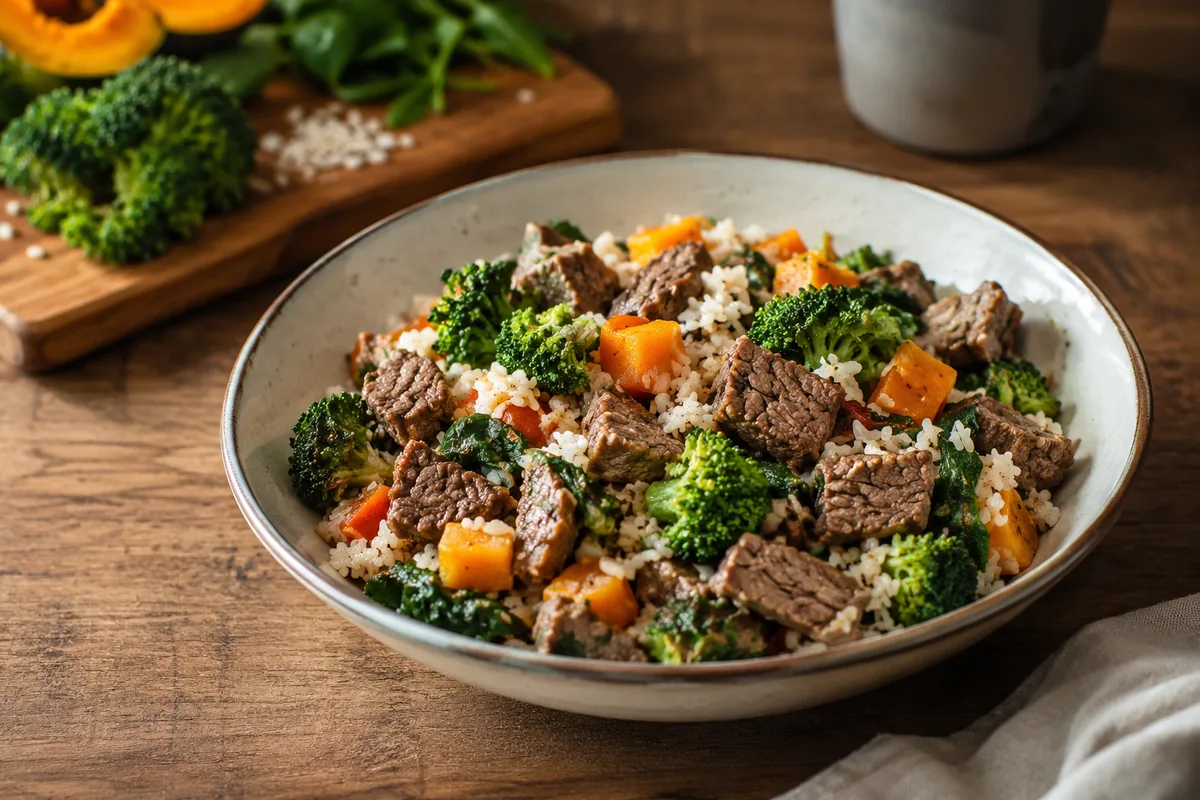 Cuenco de comida natural cocinada para perro con ingredientes frescos