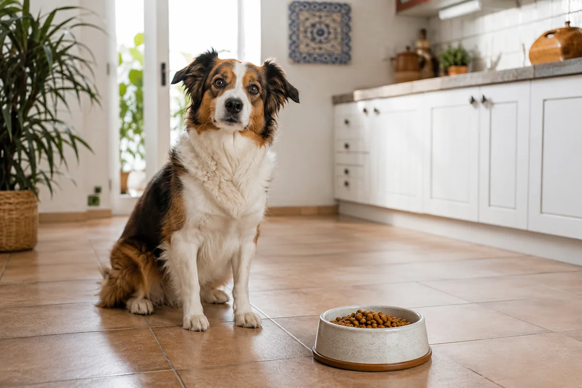 Perro sano esperando junto a su cuenco de comida