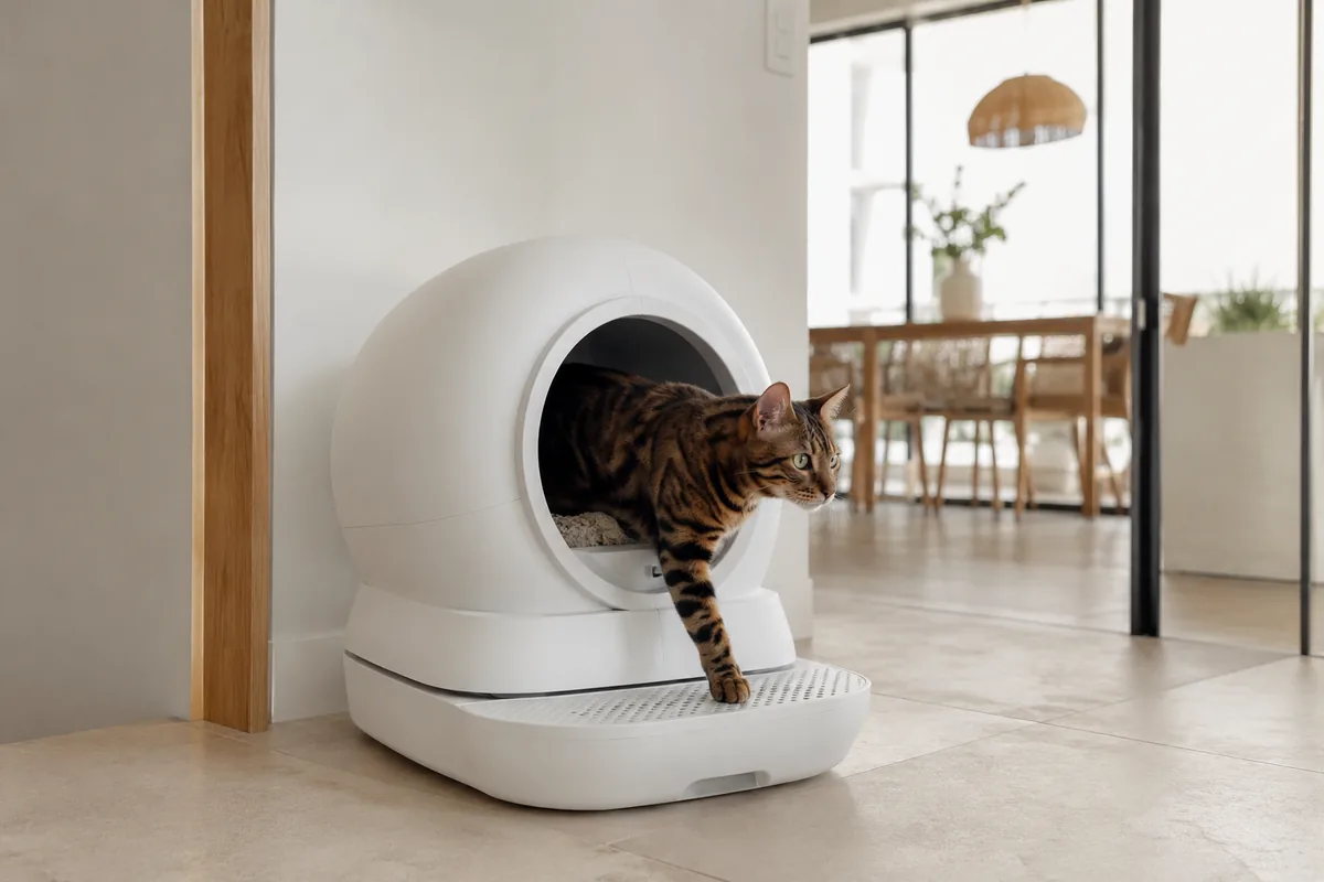 Gato junto a un arenero automático moderno en un piso luminoso