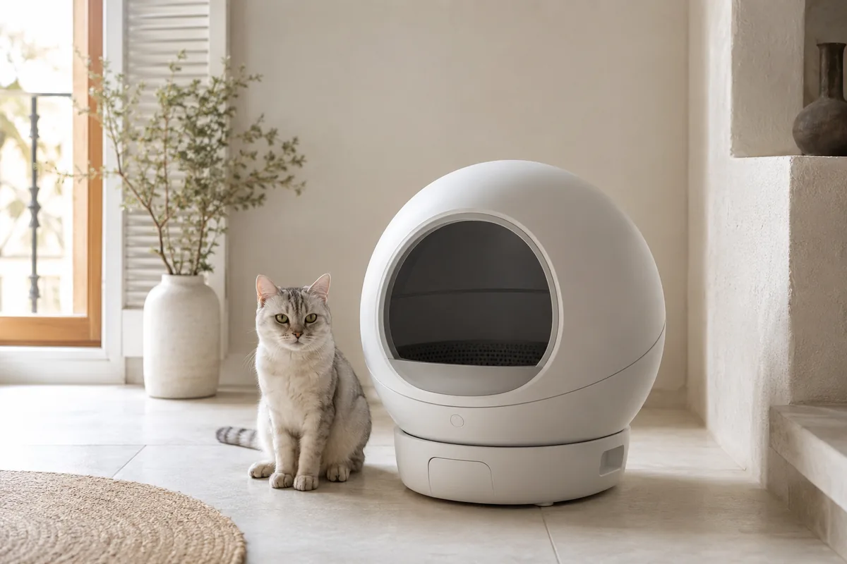Gato junto a un arenero automático esférico en un piso moderno