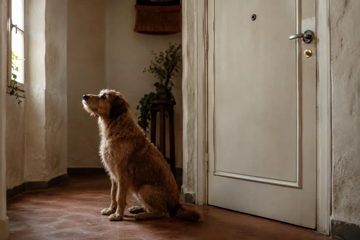Perro esperando solo junto a la puerta mirando por la ventana