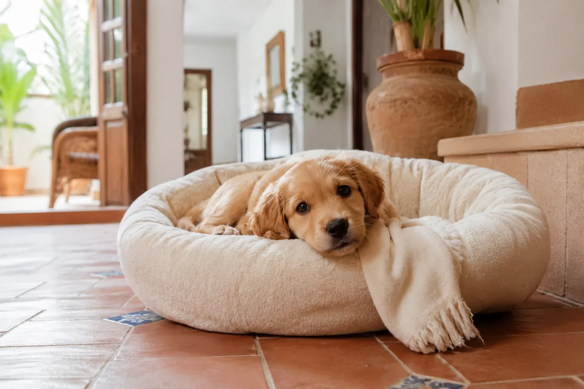 Cachorro recién llegado descansando en su cama nueva