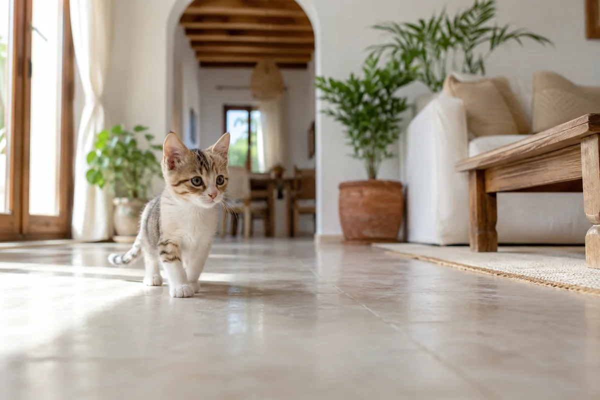 Gatito curioso explorando su nuevo hogar el primer día