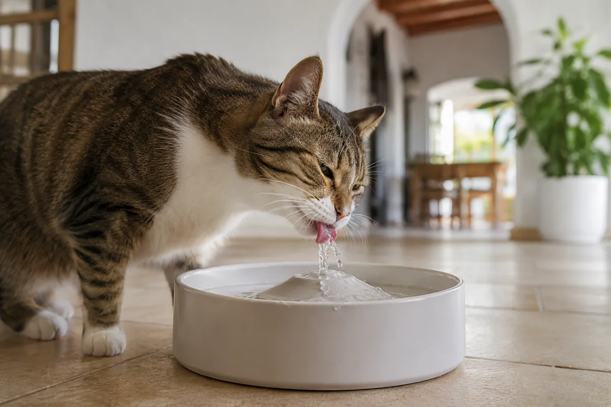 Gato bebiendo de una fuente de agua en un hogar luminoso