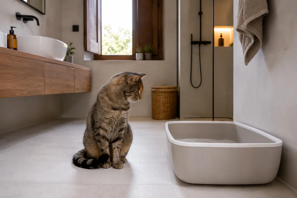 Gato pensativo junto a su arenero en un baño moderno y limpio