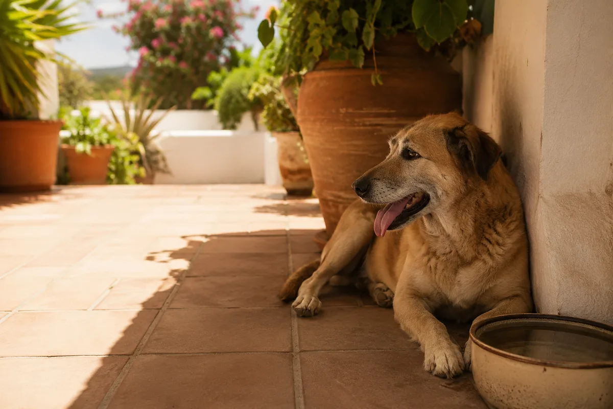 Perro descansando a la sombra junto a un cuenco de agua fresca en verano