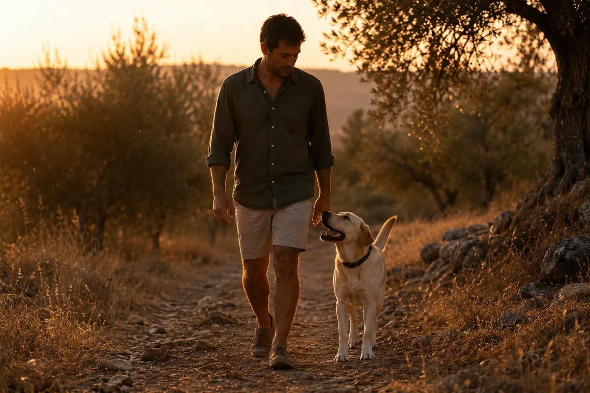 Perro paseando al atardecer con collar antiparasitario