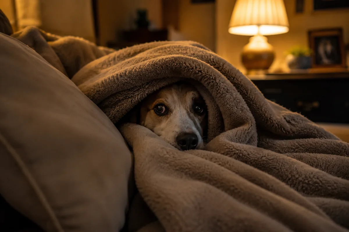 Perro asustado refugiado bajo una manta en casa buscando seguridad