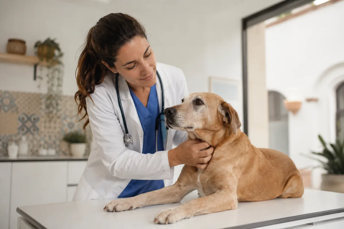 Veterinaria examinando con cariño a un perro en consulta luminosa