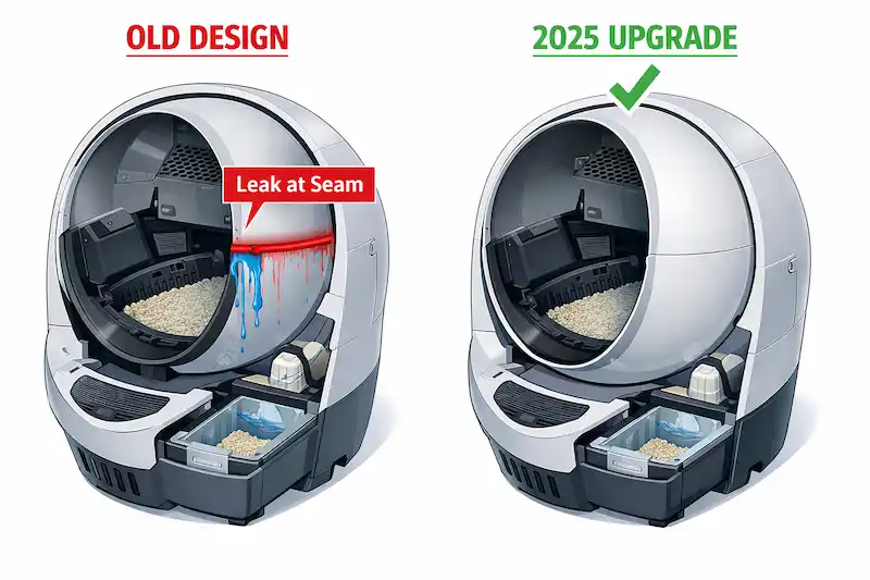 Comparativa de diseño Petkit Pura Max: fugas en diseño antiguo vs unibody estanco