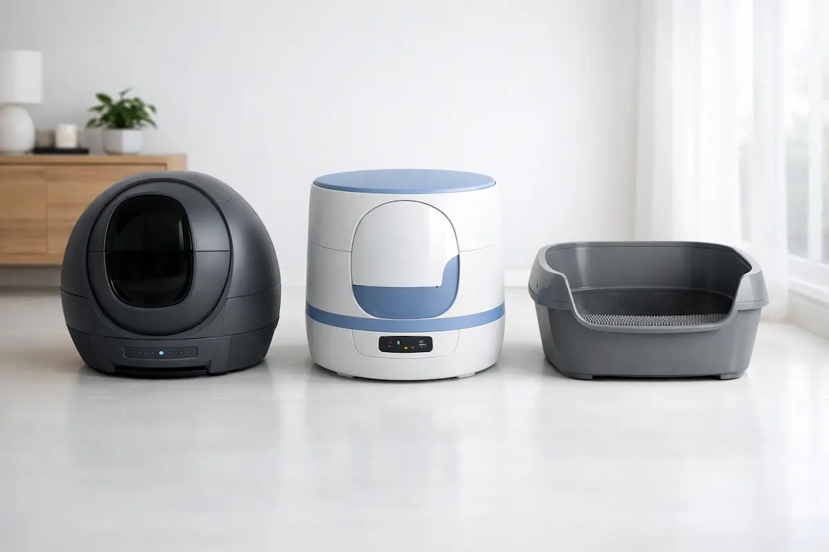 Comparativa visual areneros automáticos Petkit Pura Max 2, PuroBot Ultra y Neakasa M1 - diseños cerrado vs abierto