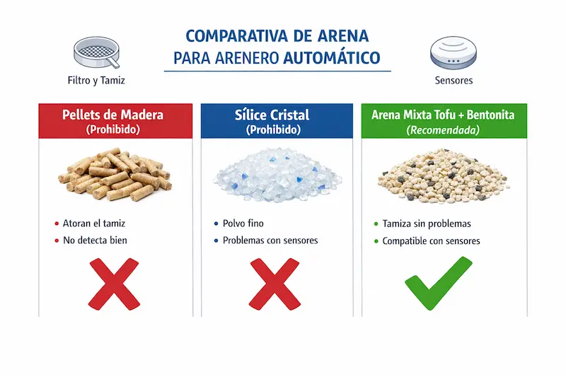 Comparativa visual de arenas prohibidas (pellets y sílice) vs arena mixta recomendada para areneros automáticos.