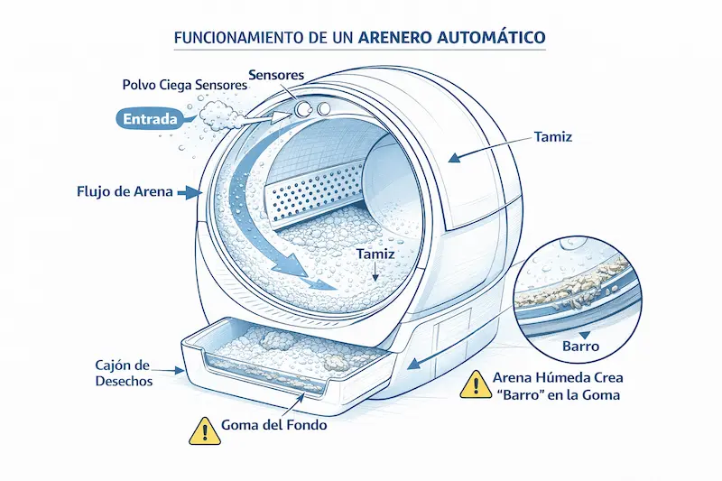 Diagrama de tamiz y sensores en arenero automático: cómo el polvo y el barro causan fallos