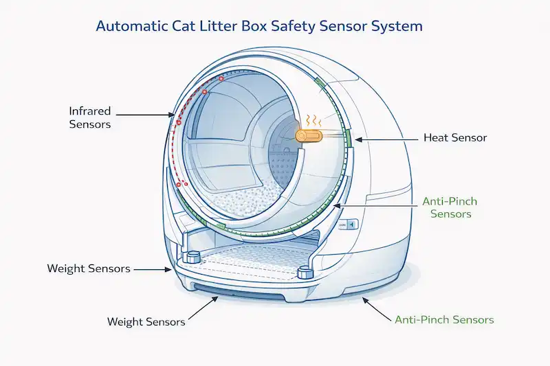 Diagrama técnico: sensores de seguridad en areneros automáticos (infrarrojos, peso, térmico, anti-obstrucción)