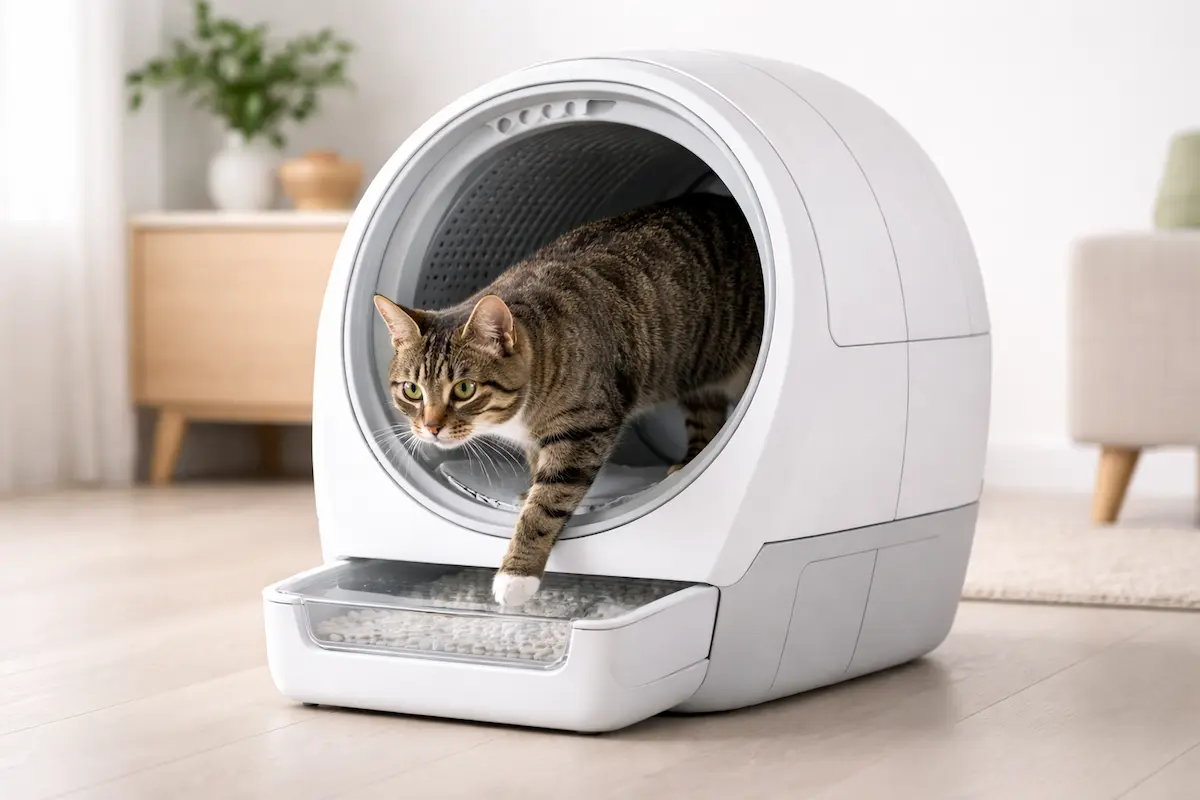 Gato usando un arenero automático Petkit en un hogar limpio y luminoso