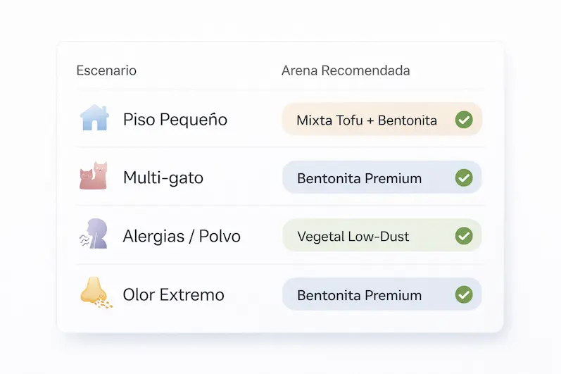 Guía por escenarios para elegir arena en areneros automáticos: piso pequeño, multi-gato, polvo y olor.