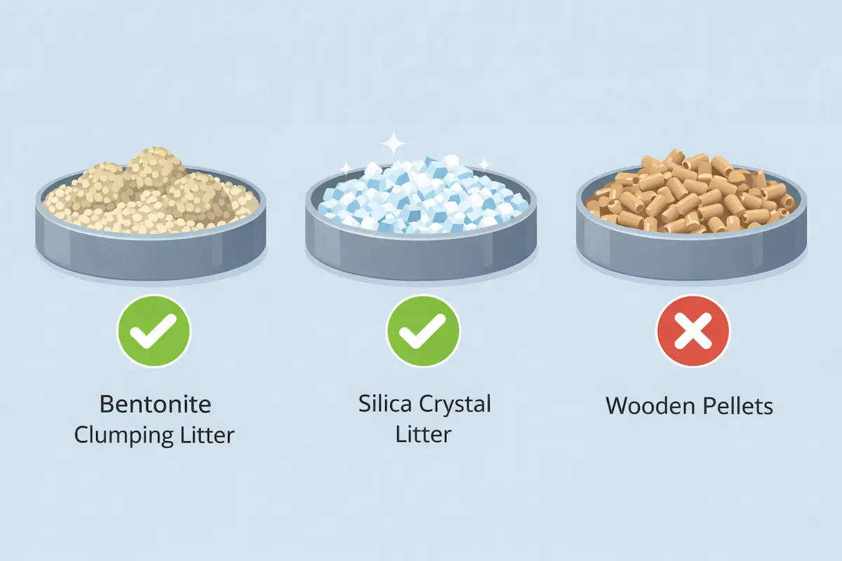 Guía visual tipos de arena compatible con areneros automáticos: bentonita recomendada vs sílice/pellets no recomendados