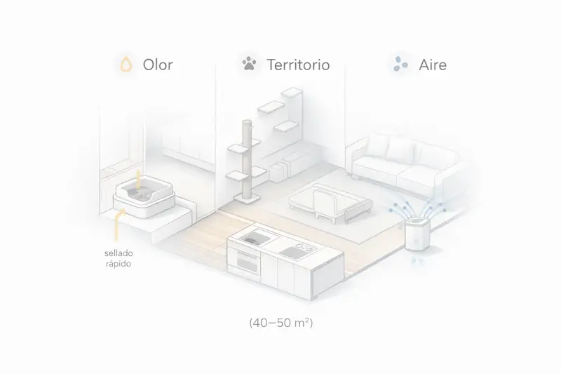 Protocolo 40–50 m² para relajar gatos: olor, territorio vertical y aire limpio en piso pequeño
