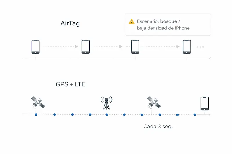 Diagrama: latencia y modo LIVE (Bluetooth vs GPS con red móvil) para perros