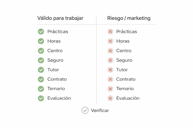 Checklist visual para verificar formación de auxiliar veterinaria: prácticas, horas y criterios para evitar cursos sin validez