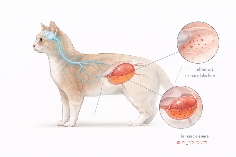Cistitis idiopática felina por estrés: diagrama clínico de inflamación vesical y hematuria