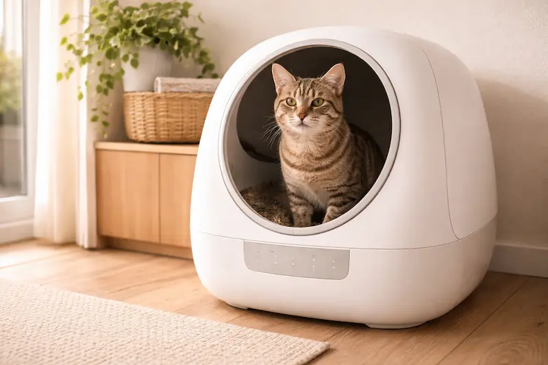 Gato tranquilo usando un arenero automático en casa, entorno limpio y sin estrés