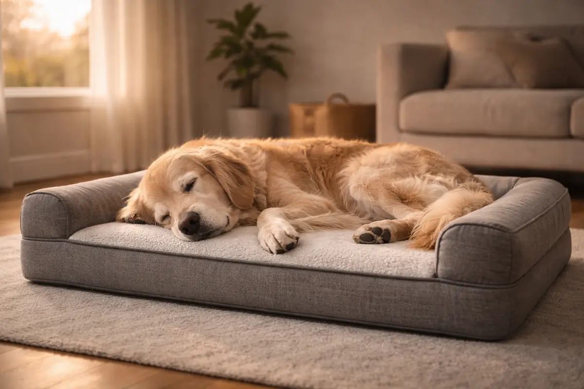 Golden Retriever durmiendo relajado en cama viscoelástica