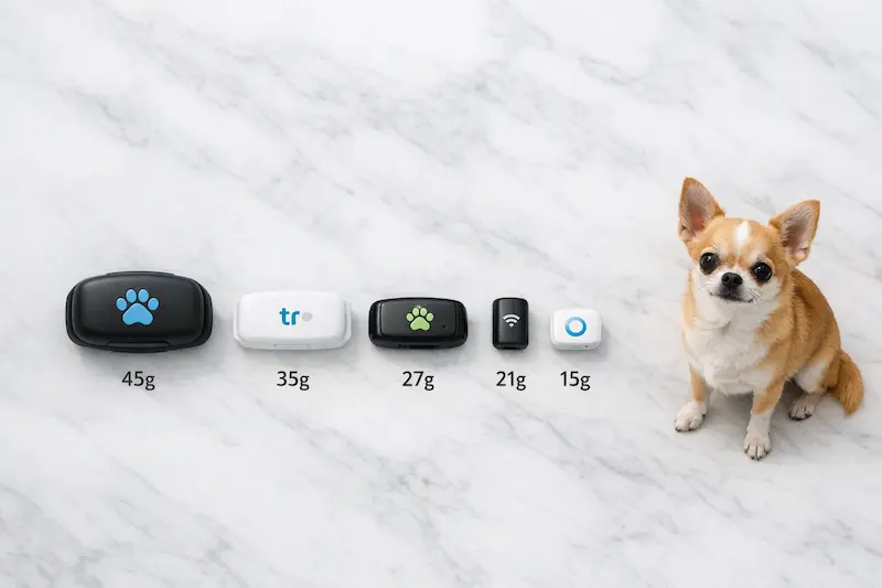 Comparativa visual GPS perros pequeños ordenados por peso junto a chihuahua escala