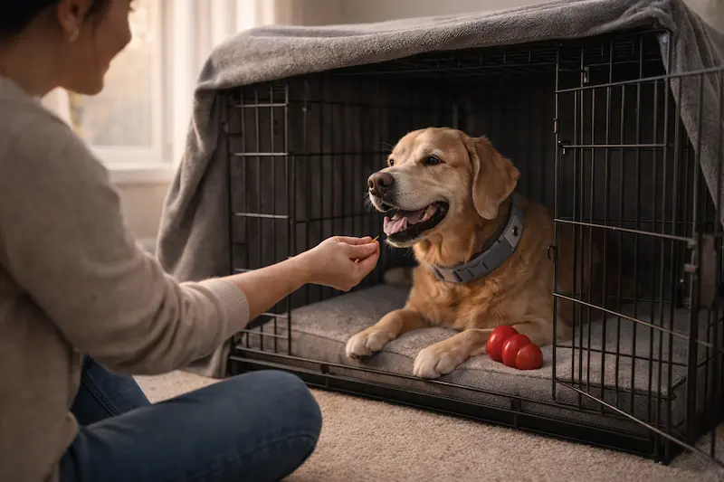 Perro relajado dentro de jaula abierta con cama ortopédica, ejemplo de introducción positiva