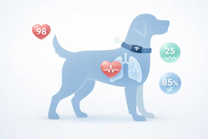 Diagrama monitor salud Invoxia Minitailz - frecuencia cardíaca respiratoria y actividad perro