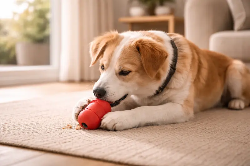 Perro relajado usando juguete de enriquecimiento como alternativa al Happy Doggy