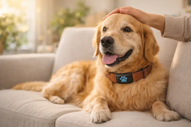 Perro golden retriever relajado en casa con collar GPS Invoxia - tranquilidad para el dueño