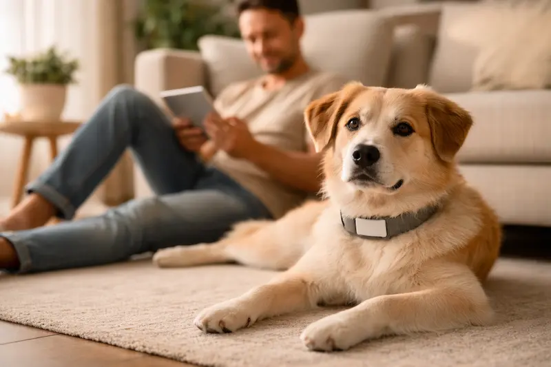 Perro relajado en casa con collar localizador: bienestar basado en seguridad real en 2026