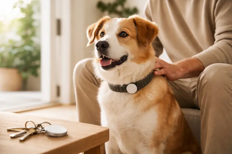 Perro relajado con collar tracker en casa: bienestar y seguridad ante escapadas