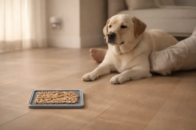 Perro relajado en casa usando una lick mat en un ambiente calmado con luz natural suave
