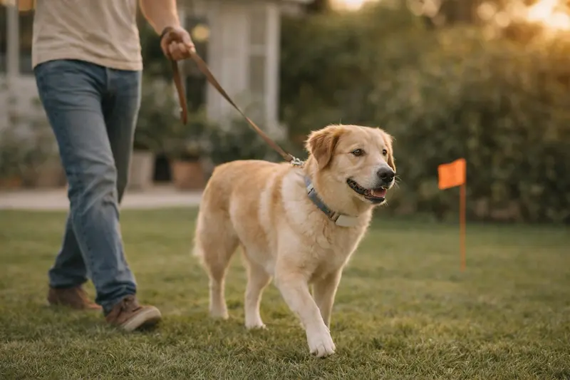 Perro tranquilo entrenando límites en jardín con banderas de marcaje, ambiente seguro