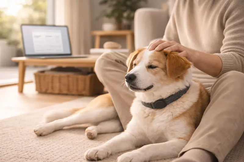Dueño y perro tranquilos en casa: sensación de seguridad al tener cubierta la responsabilidad civil y gastos veterinarios