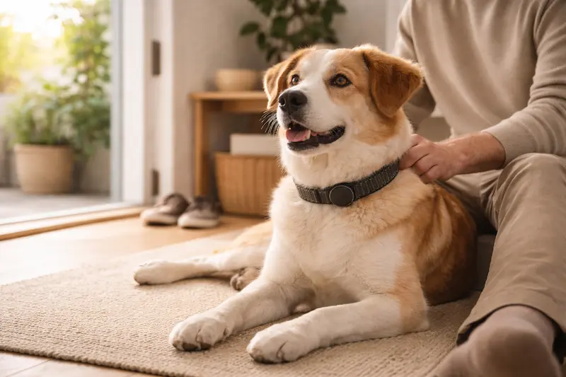 Perro tranquilo y seguro en casa tras aplicar soluciones contra fugas