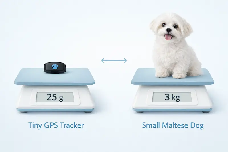 Infografía peso GPS 25 gramos vs peso perro pequeño 3 kg regla proporcional