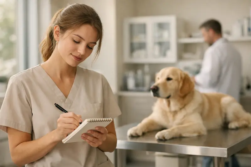 Estudiante de auxiliar veterinaria en prácticas en clínica moderna, ambiente profesional y calmado