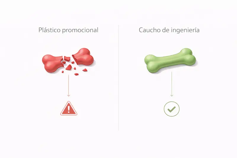Comparativa de seguridad: plástico promocional vs caucho de ingeniería en juguetes para perros