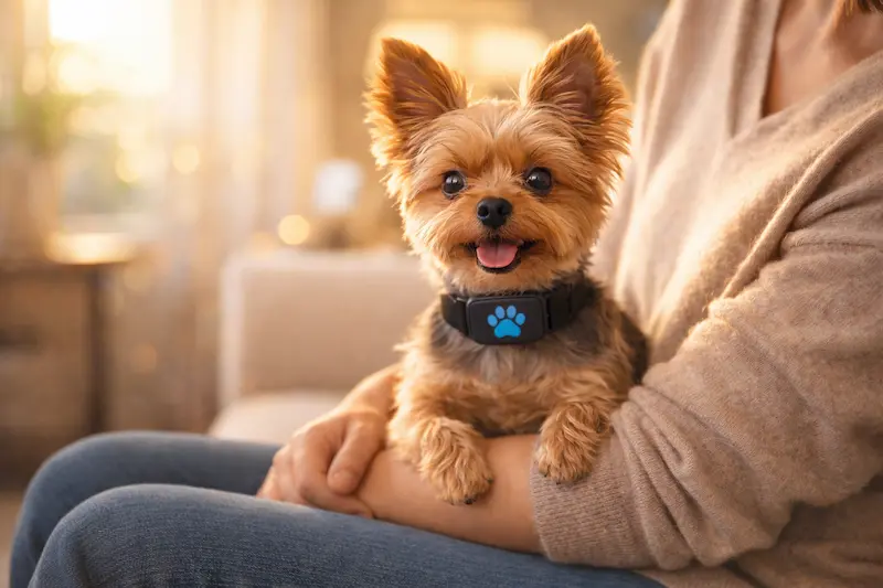 Yorkshire terrier feliz con collar GPS ligero en ambiente hogareño cálido