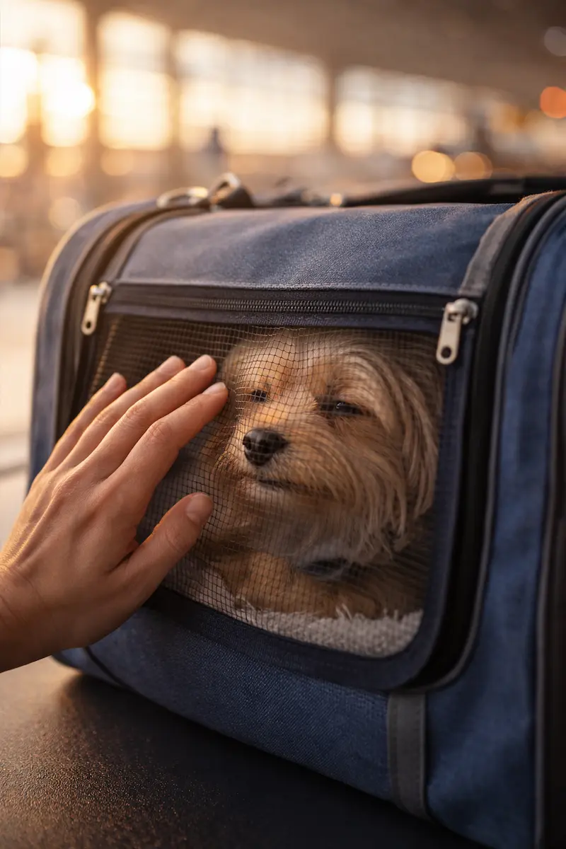 Perro pequeño tranquilo en transportín flexible durante viaje en avión con Vueling